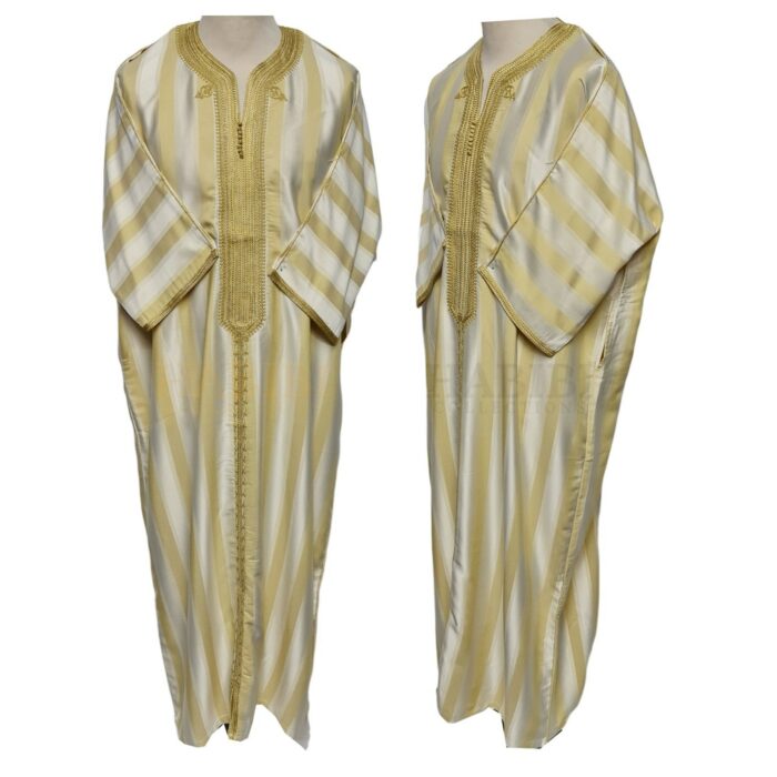 M3qsyeldam 022b Men's Moroccan 3 Quarter Sleeve Cream Yellow Striped Jubba Thobe Djellaba