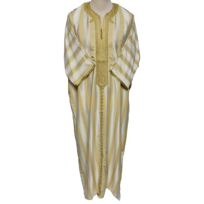 M3qsyeldam 022b Men's Moroccan 3 Quarter Sleeve Cream Yellow Striped Jubba Thobe Djellaba 161448