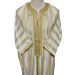 M3qsyeldam 022b Men's Moroccan 3 Quarter Sleeve Cream Yellow Striped Jubba Thobe Djellaba 161454