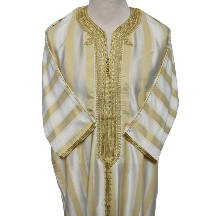 M3qsyeldam 022b Men's Moroccan 3 Quarter Sleeve Cream Yellow Striped Jubba Thobe Djellaba 161454
