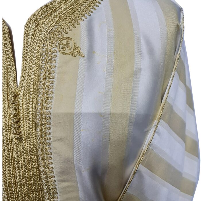 M3qsyeldam 022b Men's Moroccan 3 Quarter Sleeve Cream Yellow Striped Jubba Thobe Djellaba 161504