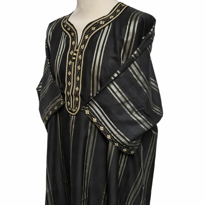 M3qs Blkgldslvr 23b Men Moroccan Black Gold Silver Stripes 3 Quarter Sleeves Thobe Jubba Kandora (89)