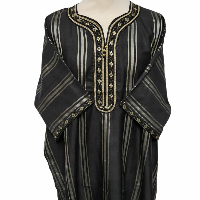 M3qs Blkgldslvr 23b Men Moroccan Black Gold Silver Stripes 3 Quarter Sleeves Thobe Jubba Kandora (90)