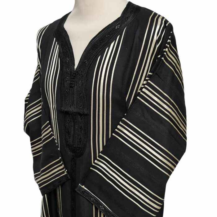 M3qs Blkgldstrp 29h Men Moroccan Black Gold Stripes 3 Quarter Sleeves Thobe Jubba Kandora (83)