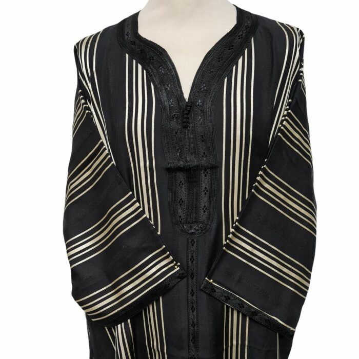 M3qs Blkgldstrp 29h Men Moroccan Black Gold Stripes 3 Quarter Sleeves Thobe Jubba Kandora (84)