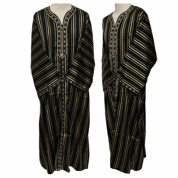 M3qs Blkgldstrpe 22a Men Moroccan Black Gold Stripes 3 Quarter Sleeves Thobe Jubba Kandora (10)