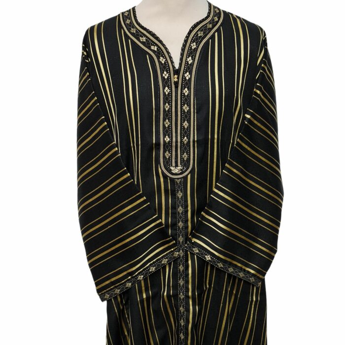 M3qs Blkgldstrpe 22a Men Moroccan Black Gold Stripes 3 Quarter Sleeves Thobe Jubba Kandora (95)
