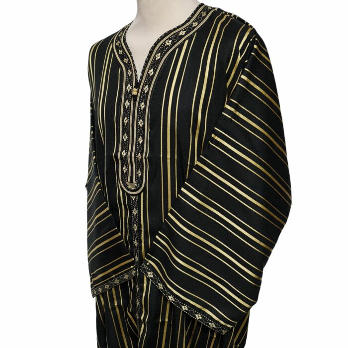 M3qs Blkgldstrpe 22a Men Moroccan Black Gold Stripes 3 Quarter Sleeves Thobe Jubba Kandora (96)