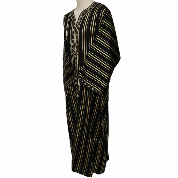 M3qs Blkgldstrpe 22a Men Moroccan Black Gold Stripes 3 Quarter Sleeves Thobe Jubba Kandora (97)