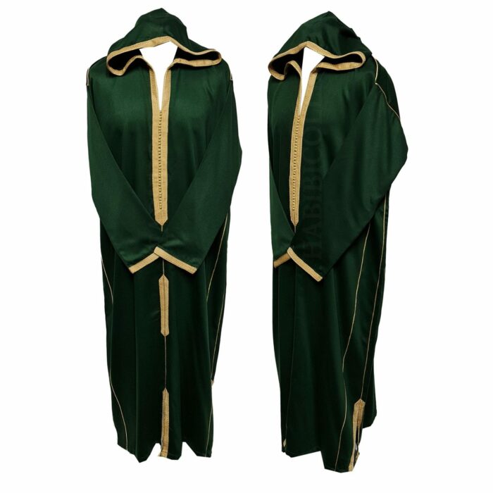 Malifa 001 Mens Moroccan Hooded Dark Green Gold Cotton Wool Blend Thobe Long Sleeve 183732 (2)