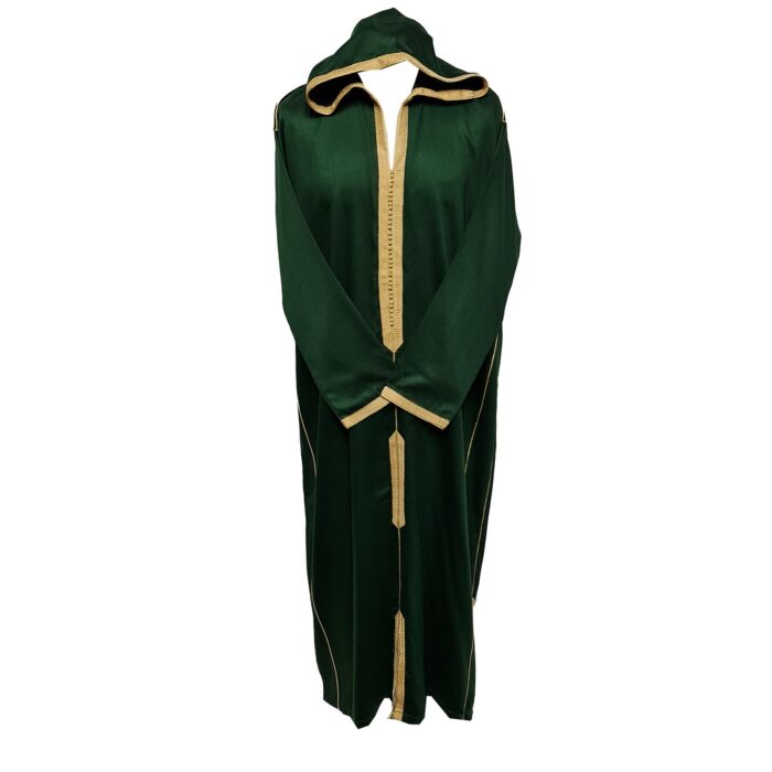Malifa 001 Mens Moroccan Hooded Dark Green Gold Cotton Wool Blend Thobe Long Sleeve 183732