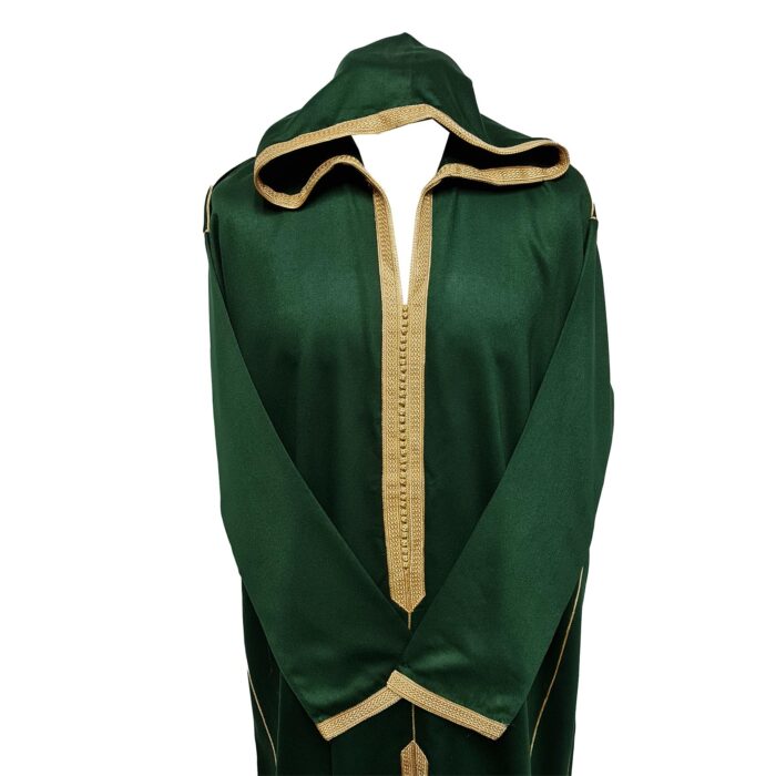 Malifa 001 Mens Moroccan Hooded Dark Green Gold Cotton Wool Blend Thobe Long Sleeve 183736