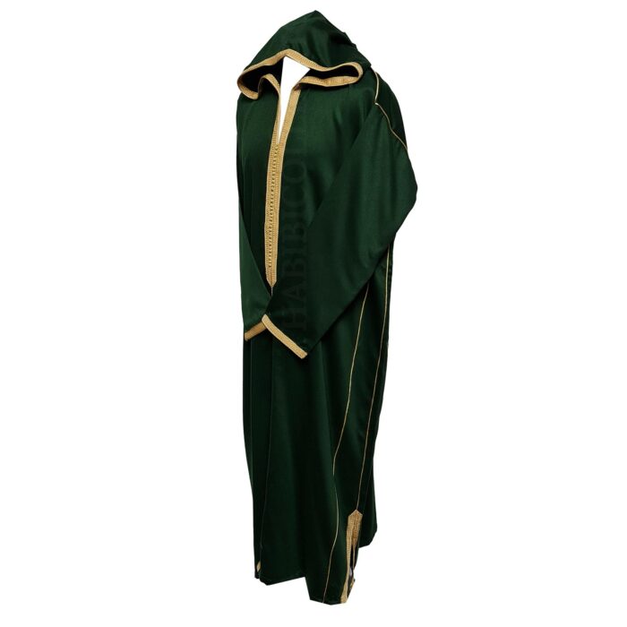 Malifa 001 Mens Moroccan Hooded Dark Green Gold Cotton Wool Blend Thobe Long Sleeve 183747