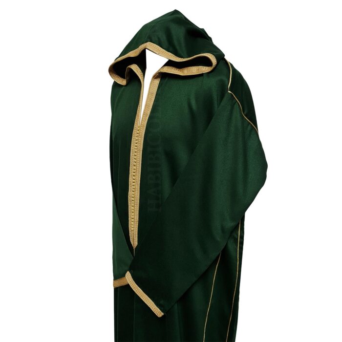 Malifa 001 Mens Moroccan Hooded Dark Green Gold Cotton Wool Blend Thobe Long Sleeve 183750