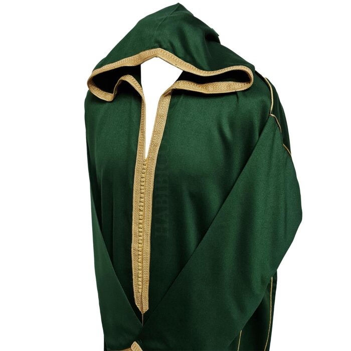 Malifa 001 Mens Moroccan Hooded Dark Green Gold Cotton Wool Blend Thobe Long Sleeve 183755