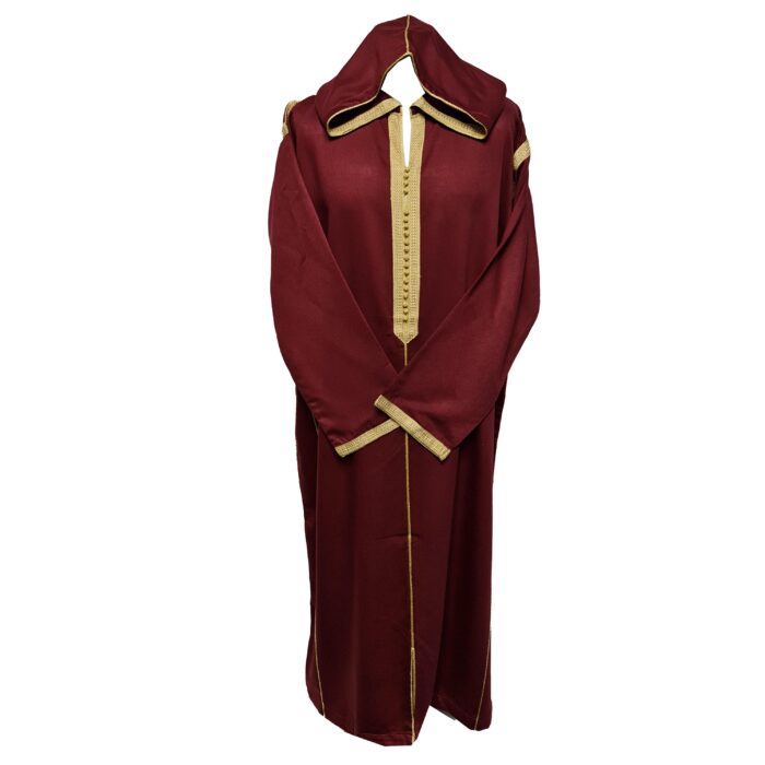 Malifa 007 Mens Moroccan Hooded Maroon Cotton Wool Blend Thobe Long Sleeve 182305