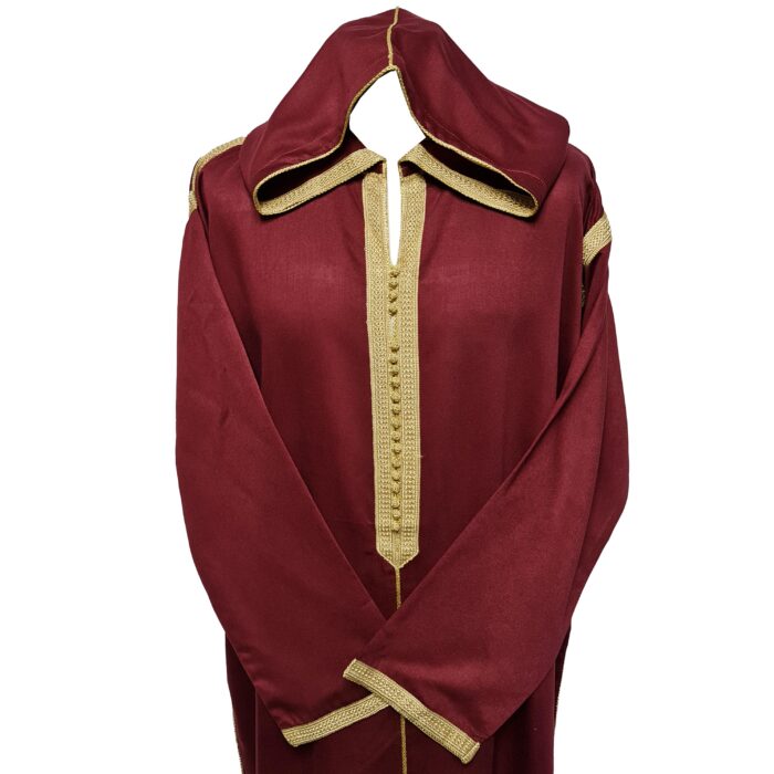Malifa 007 Mens Moroccan Hooded Maroon Cotton Wool Blend Thobe Long Sleeve 182313