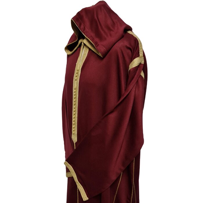 Malifa 007 Mens Moroccan Hooded Maroon Cotton Wool Blend Thobe Long Sleeve 182325