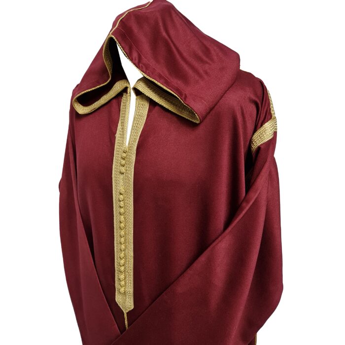 Malifa 007 Mens Moroccan Hooded Maroon Cotton Wool Blend Thobe Long Sleeve 182330
