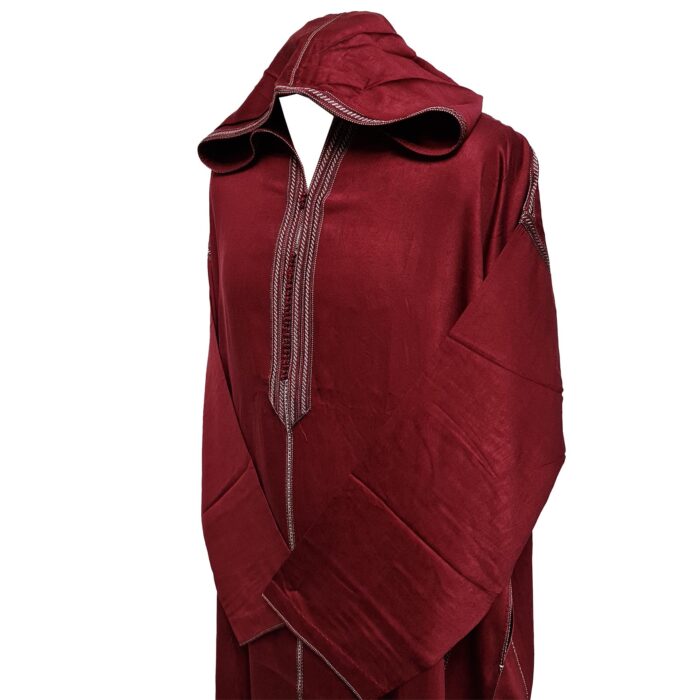 Malifawpc Ff1 Moroccan Maroon Cotton Malifa Wool Blend Long Sleeve Hooded Jubba Thobe Djellaba (1)