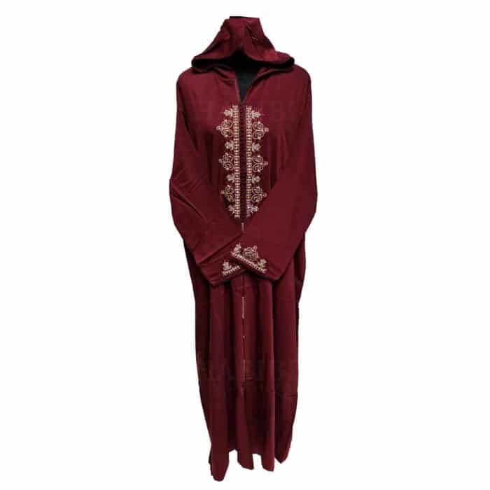 Malifawpic Burg0035 Women Moroccan Burgundy Cotton Malifa Wool Blend Long Sleeve Hooded Djellaba Jalabiya (5)