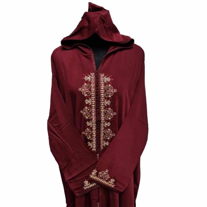 Malifawpic Burg0035 Women Moroccan Burgundy Cotton Malifa Wool Blend Long Sleeve Hooded Djellaba Jalabiya (6)