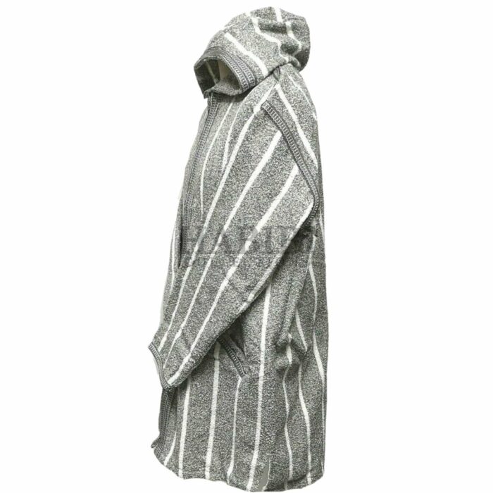 Men's Moroccan Hooded Wool Winter Baja Jerga Jacket Grey/White Striped