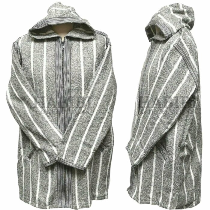 Men's Moroccan Hooded Wool Winter Baja Jerga Jacket Grey/White Striped