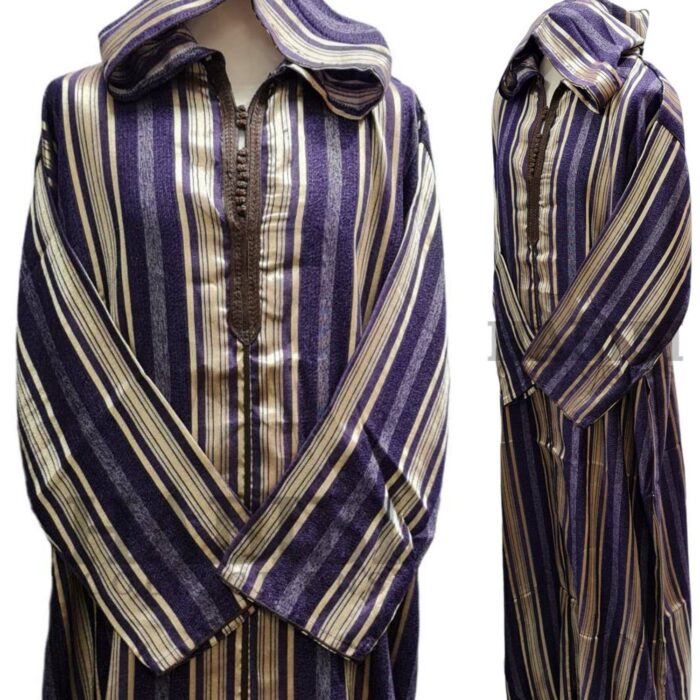 Cotton Men's Moroccan Hooded Long Sleeve Gold/Purple/Brown Thobe Jubba