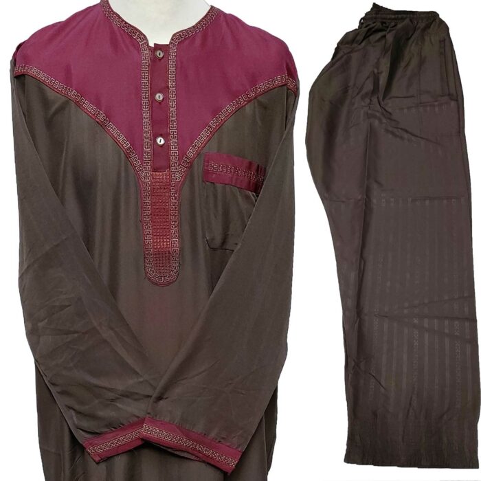 Moroccan Long Sleeve Maroon/Brown Thobe with Trousers