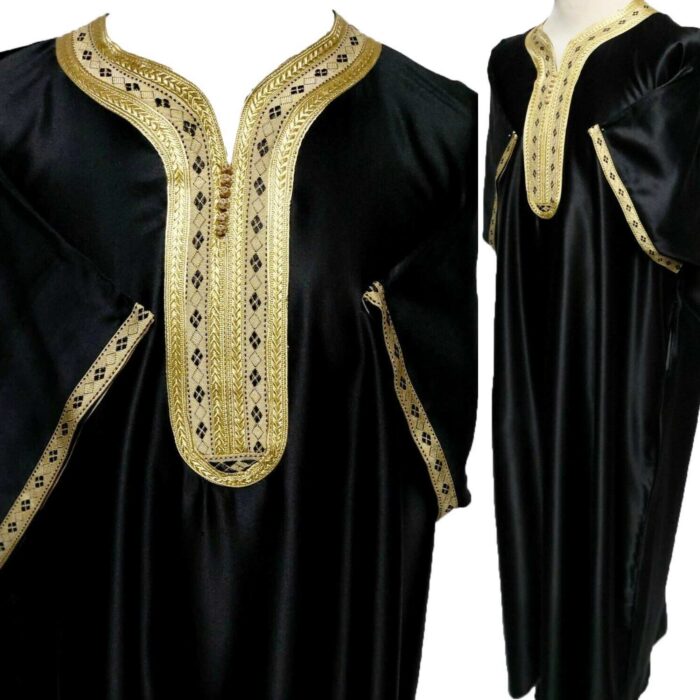 Moroccan Short Sleeve Cotton Black & Gold Thobe