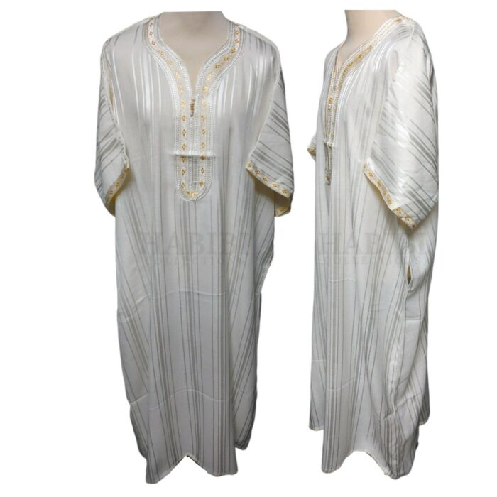 Mslvlika 001 Men's Moroccan 3 Quarter Sleeve Off White Striped Jubba Thobe