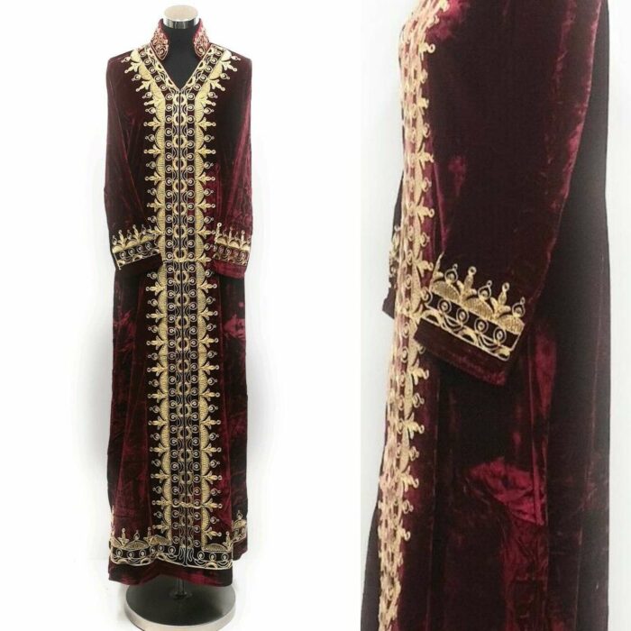 Moroccan Thick Velvet Maroon Long Maxi Dress Embroidered Abaya Robe Luxury Kaftan Jilbab