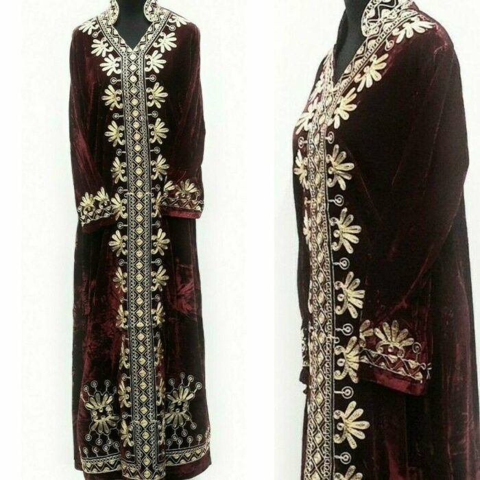 Moroccan Thick Velvet Maroon Long Maxi Dress Embroidered Abaya Robe Luxury Kaftan Jilbab