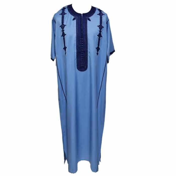 Men Moroccan Cotton Blend Blue Short Sleeves Thobe Jubba Kandora Dishdasha (1)