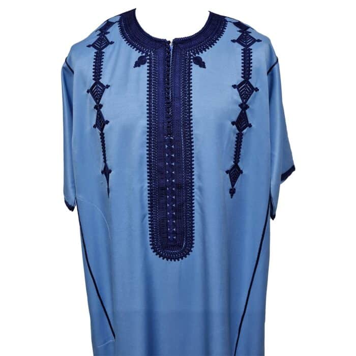 Men Moroccan Cotton Blend Blue Short Sleeves Thobe Jubba Kandora Dishdasha (2)