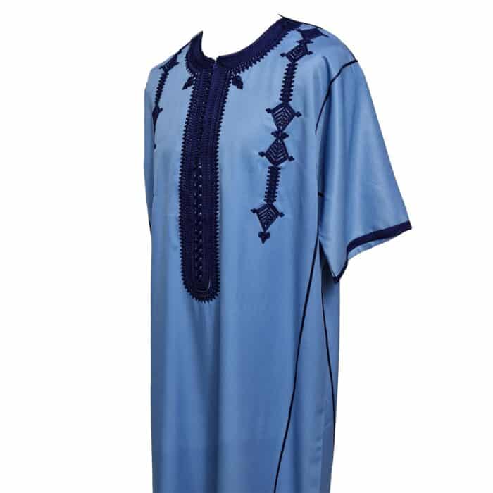 Men Moroccan Cotton Blend Blue Short Sleeves Thobe Jubba Kandora Dishdasha (3)