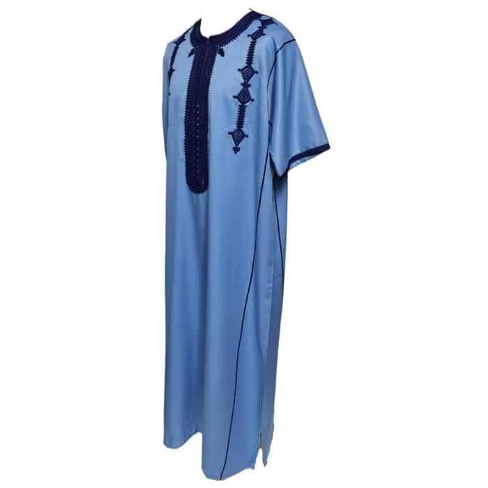 Men Moroccan Cotton Blend Blue Short Sleeves Thobe Jubba Kandora Dishdasha (4)