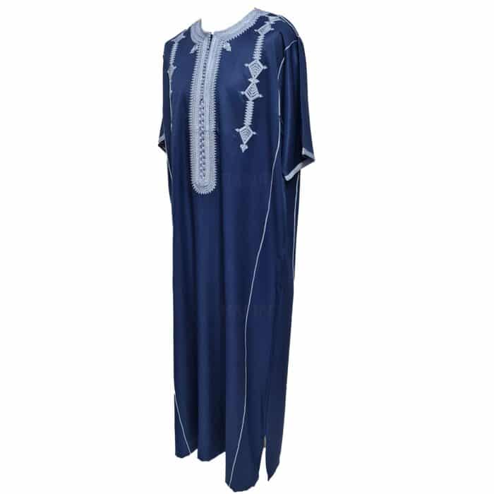 Men Moroccan Cotton Blend Navy Blue Short Sleeves Thobe Jubba Kandora Dishdasha (5)