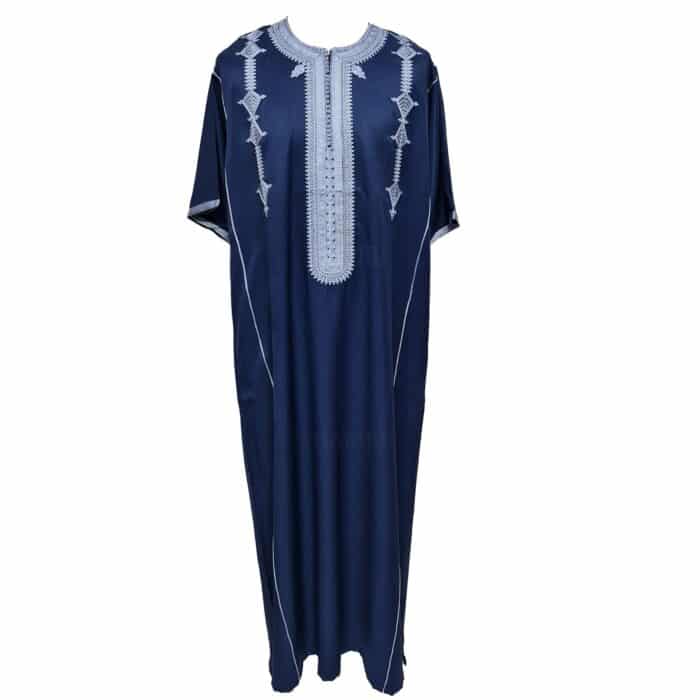Men Moroccan Cotton Blend Navy Blue Short Sleeves Thobe Jubba Kandora Dishdasha (6)