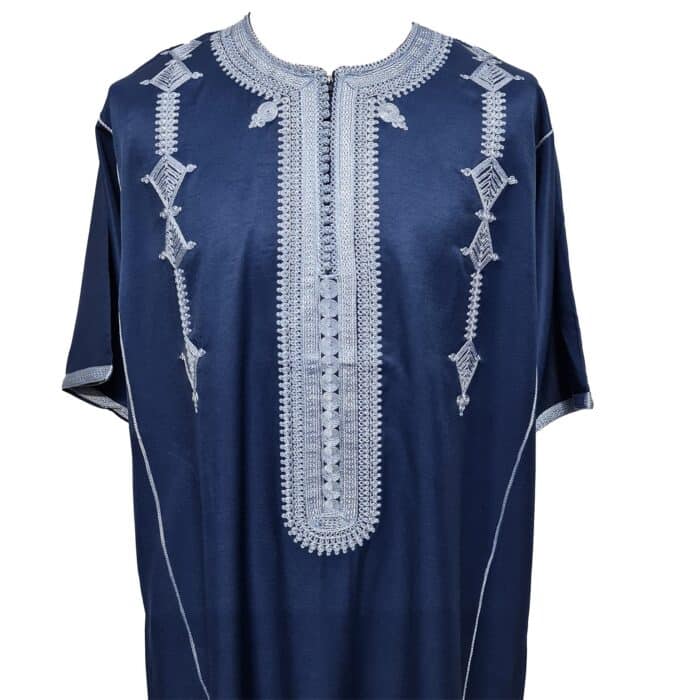 Men Moroccan Cotton Blend Navy Blue Short Sleeves Thobe Jubba Kandora Dishdasha (7)