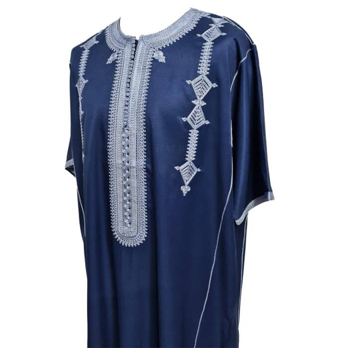 Men Moroccan Cotton Blend Navy Blue Short Sleeves Thobe Jubba Kandora Dishdasha (8)