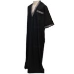 Men Moroccan Short Sleeve V Neck Black Thobe Jubba Kandora Dishdasha (1)