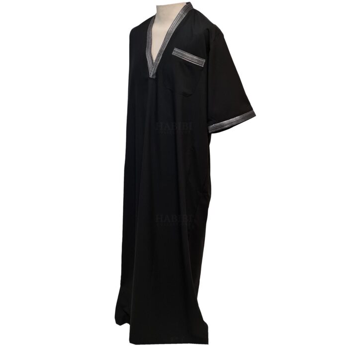 Men Moroccan Short Sleeve V Neck Black Thobe Jubba Kandora Dishdasha (1)