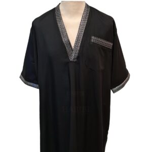 Men Moroccan Short Sleeve V Neck Black Thobe Jubba Kandora Dishdasha (3)