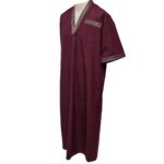 Men Moroccan Short Sleeve V Neck Burgundy Thobe Jubba Kandora Dishdasha (1)