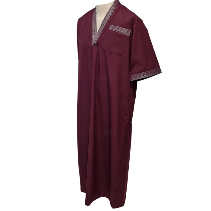 Men Moroccan Short Sleeve V Neck Burgundy Thobe Jubba Kandora Dishdasha (1)