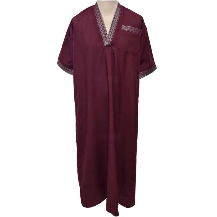 Men Moroccan Short Sleeve V Neck Burgundy Thobe Jubba Kandora Dishdasha (2)