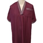 Men Moroccan Short Sleeve V Neck Burgundy Thobe Jubba Kandora Dishdasha (3)