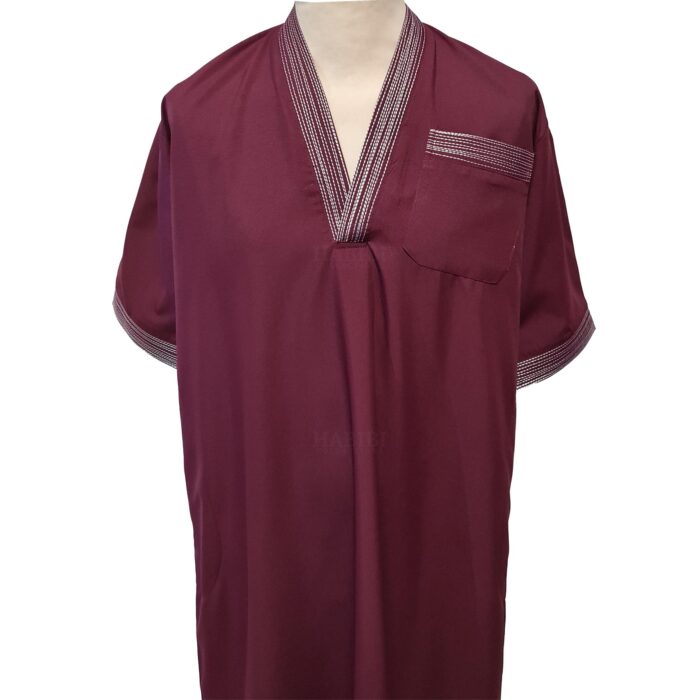 Men Moroccan Short Sleeve V Neck Burgundy Thobe Jubba Kandora Dishdasha (3)